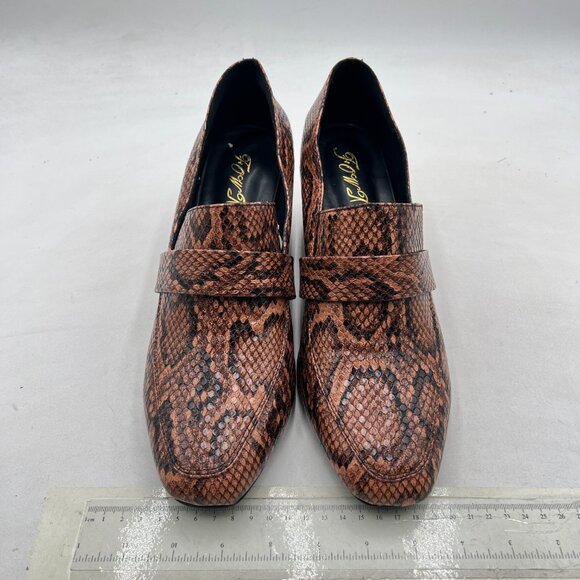 FOWT Brown Snake Slip On Side V Cut Loafers Almond Toe Chunky Heel Pumps